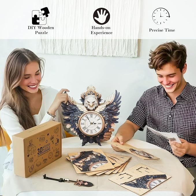 KAAYEE 3D Puzzle for Adult, Wooden Eagle Pendulum Clock Mechanical Model Kit, 33 PCS DIY Vintage Wall Clock Building Kit, Creative Craft Gift for Birthday Home Decor (Battery Not Included)