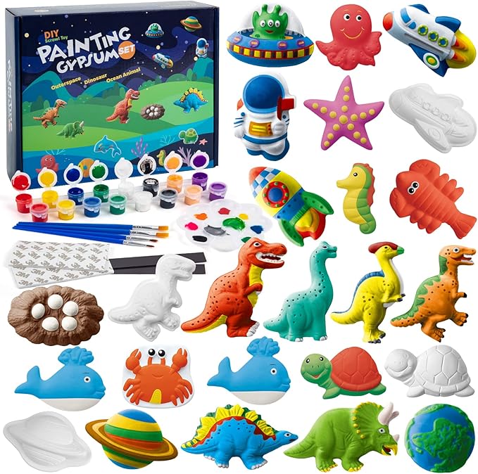 Juboury Kids Arts and Crafts Plaster Painting Craft Kit Art Set - Painting Your Own Space Dinosaurs & Marine Life Figurines - Ceramic Painting Kit for Kids, Girls, Boys, Toddlers