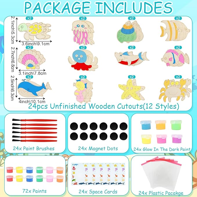 LARDUX Under The Sea Party Favors, 24PCS DIY Sea Ocean Animals Party Favors Wooden Arts & Crafts Painting Kit for Kids, Glow in The Dark Family Crafts Birthday Party Gifts Toys for Boys Girls