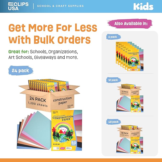 Construction Paper Bulk (1200 Sheets), 9 x 12 Construction Paper for Kids, Color Art Paper, Assorted Colors, 50 Sheets Per Pack, (24 Pack)