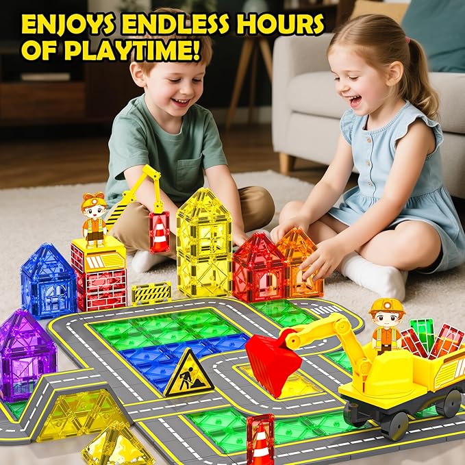 Magnetic Tiles Construction Set with Movable Excavator & Crane, STEM Magnetic Blocks Sensory Toys for Kids 3-5 Girls Boys Toys Age 4-6 6-8, Kids Games Outdoor Toy Birthday Gifts with Car