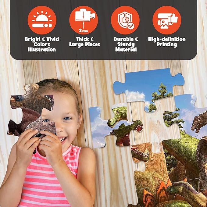 48 Piece Jumbo Dinosaur Floor Puzzle - Large Size (3 x 2 ft) - All Pieces Unique Shape - 25 Realistic Dinos Illustration - Gifts for Boys Girls Toddlers Kids Ages 3-5 2-4 4-6 Year Old