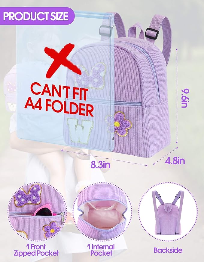 2 3 4 5 6 Year Old Girl Gifts Chenille Initial Mouse Bow Mini Backpack, Corduroy Toddler Backpacks Christmas Birthday Gifts for Girls 2-4 5-6, Purple Mini Diaper Bag Must Haves for Park Travel W