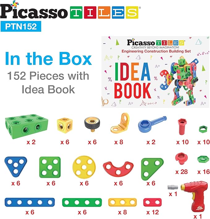 PicassoTiles 152pc STEM Construction Toy Building Set for Kids Ages 3+ Includes Power Drill, Ratchet, Idea Book, Storage Box Educational Engineering Science Kit & Sensory Toys for Boys & Girls PTN152