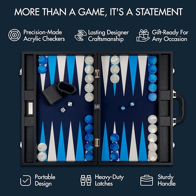 19 Inch Premium Backgammon Sets for Adults Leather Black - Blue. Premium 1.6 Inch Checkers & Dice Set, Travel Backgammon Set, Large, Backgammon Board Game, Backgammon Game Set