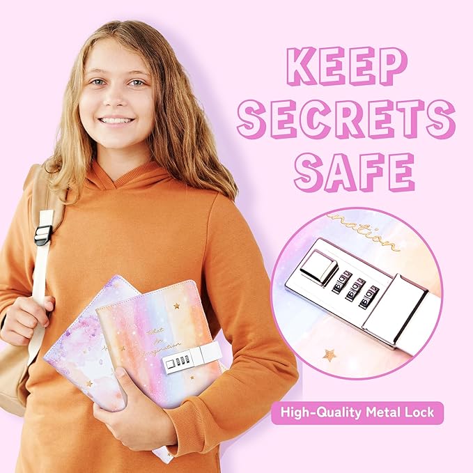 CAGIE Diary with Lock for Girls Age 8 9 10 11 12, Light Rainbow Journal with Lock for Teens Girl Birthday Gifts, 5.7 x 8.5 Inch Kids Journal with Pen 192 Pages journaing Notebook