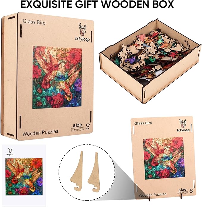 Glass Hummingbird Wooden Puzzles, 200 Pieces Jigsaw Puzzles 11.2 x11.2 inch, Unique Design Wooden Puzzles for Adults and Kids, Family Game Gift