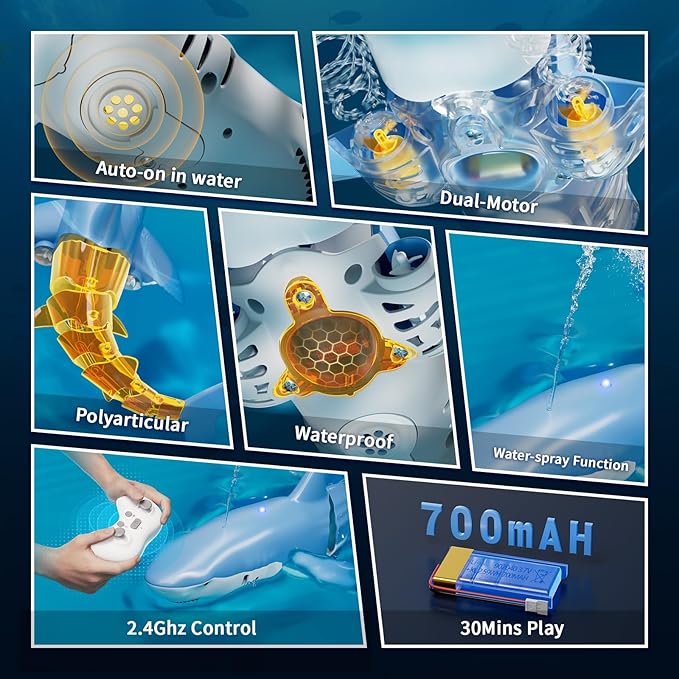 Waterproof Remote Control Electric Shark Water Toy with Spray, RC Swimming Pool Toy Auto Water-Sensing Activation for Pools, Lakes & Water Parks - Cool Santa Gift for Kids