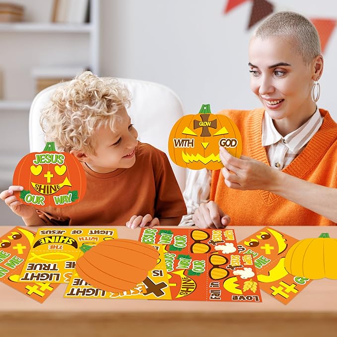 B1ykin Fall Pumpkin Craft Kit - 40Pcs Christian Fall Jesus Pumpkin Cross Hanging Ornaments with Ribbons, DIY Thanksgiving Religious Faith Crafts for Kids Sunday School Party Home Activities