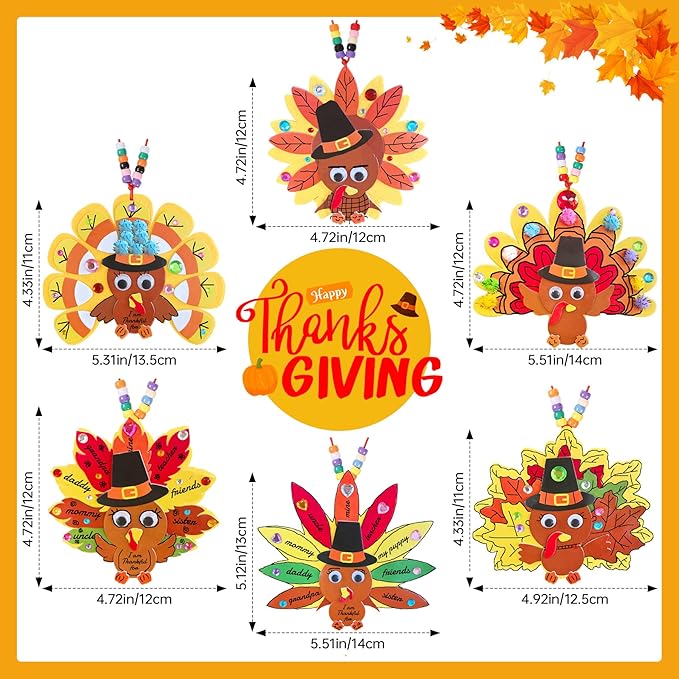 24 Sets Thanksgiving Turkey Ornaments Decorations Art Sets DIY Thanksgiving Craft Kits Fall Crafts Autumn Leaf Pumpkin Turkey Foam Stickers Arts and Crafts for Kids Party Classroom Activities