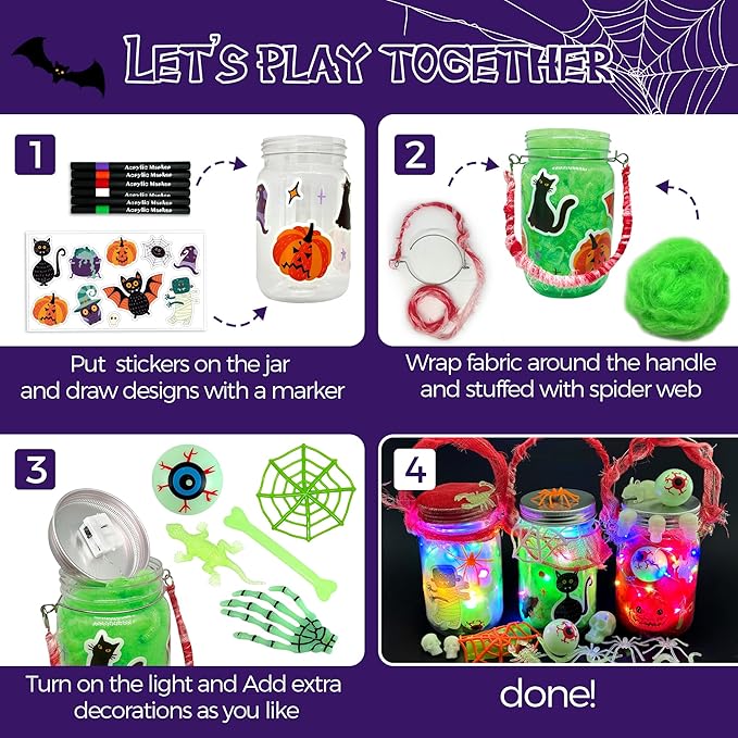 AIVEI 6 Pack Halloween Crafts for Kids Mason Jar with Accessories DIY Lantern Art Crafts Kits, Halloween Activities Toys Gifts for Girls Boys Adults