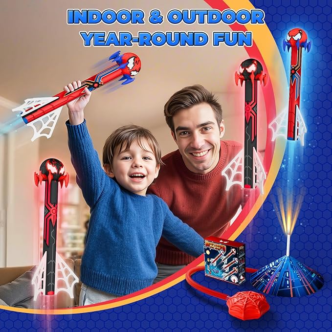 Spider Rocket Launcher for Kids, 4 Spider Rockets with Web Air Pump, Stomping Launch up Toys, Outdoor Outside Spider Toys Gifts for 3 4 5 6 7 8 9 10 Year Old Boys Girls Age 3-4 4-6 6-8 Birthday Gift