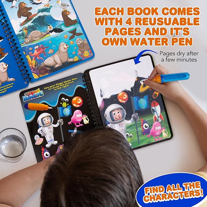 ArtCreativity 4 Pack Magic Water Coloring Books for Toddlers, Reusable Magic Water Pen Coloring Books for Kids - Mess Free Water Art Book for Toddlers - Travel Activity Toys, No-Mess Coloring