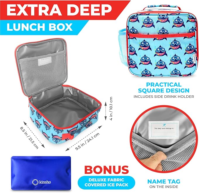 Bento Lunch Box with Thermo Set for Kids, 4 Compartment Bento-Box, Insulated Lunch Bag, Stainless Steel Food Jar, Baby Blue Shark