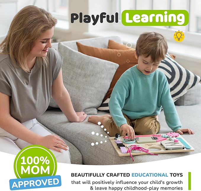 Montessori Busy Board for Toddlers, Premium Wooden Toddler Busy Board for 1 2 3 Year Old with 10 Educational Activities for Fine Motor Skills, Sensory Activity Toy for Travel, Gift for Boys & Girls