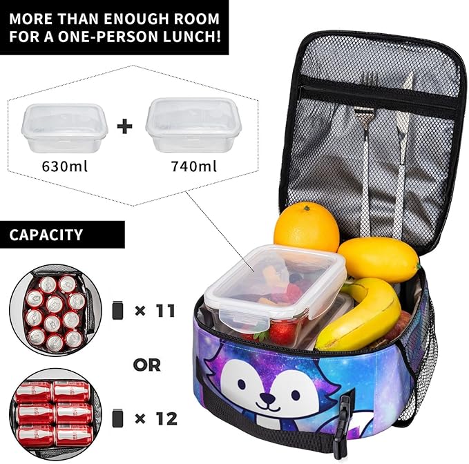 Mrublnel Galaxy Fox Printed Insulated Lunch Box Portable Lunch Bag with Detachable Handle,Reusable Lunchbox for Girls Boys Adults (Mrlunchbag-2302)