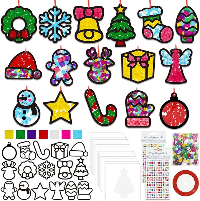 32 Set Christmas DIY Craft Kits,Christmas Tissue Paper Sign Craft Kit Christmas Tree Ornaments Suncatchers Craft Craft for Winter Xmas Classroom School Decorations DIY Art Project Activities