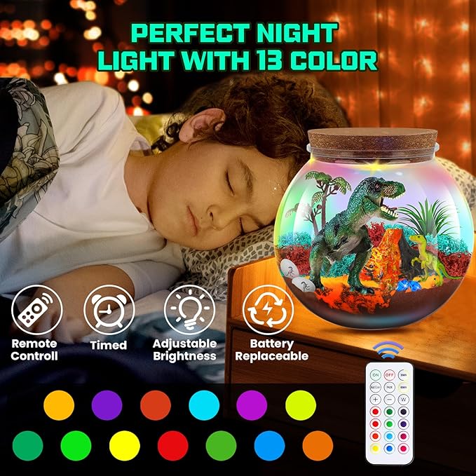 RONSTONE Dinosaur Terrarium Kit for Boys - Dinosaur Toys for Kids - DIY Your Own Light Up Terrarium Kit World - Christmas Birthday Dinosaur Gifts for Boys and Kids 5-7