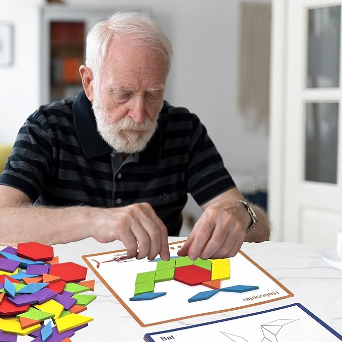 Dementia Activities for Patients, 80 Pieces Wooden Tangrams Cognitive Game for Seniors, Colorful Shape Pattern Alzheimers Products for Elderly, Easy Tile Matching Memory Puzzle Board Gifts