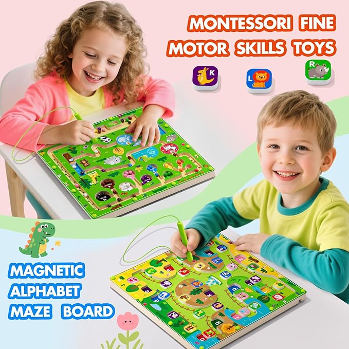 2 in 1 Magnetic Color and Number Maze Magnet Alphabet Counting Double Sided Board Wood Puzzle Fine Motor Skills Montessori Preschool Toys Gifts for Boys and Girls 3-5 Age (Big Zoo, One Size)