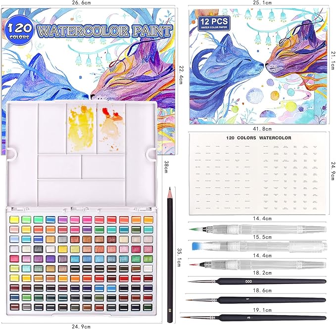 Gunsamg Watercolor Paint Set 120 Colors with Palette in Portable Box – Includes 12 Fluorescent, 15 Macron, 33 Metallic Colors – Watercolor Set for Kids, Adults, Beginners & Professional Artists, Travel Art Supplies Kit