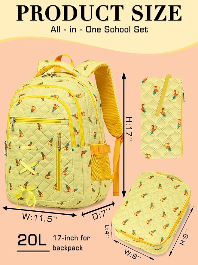 Vibrant Pineapple Print Backpack with Lunch Box and Pencil Case for Girls Teens Kids for Age 8-10 10-12 12-14 Kawaii Backpack for Elementary Middle High School Bookbag Mochila Para Niñas