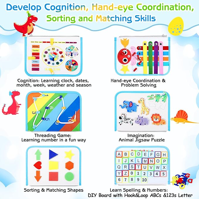 Esjay Toddler Busy Board Montessori Toys for Boys Girls, Sensory Board Educational Activities for Learning Fine Motor Skills, Birthday Gifts for Toddlers, Travel Toys for Airplane Car, White Dinosaur