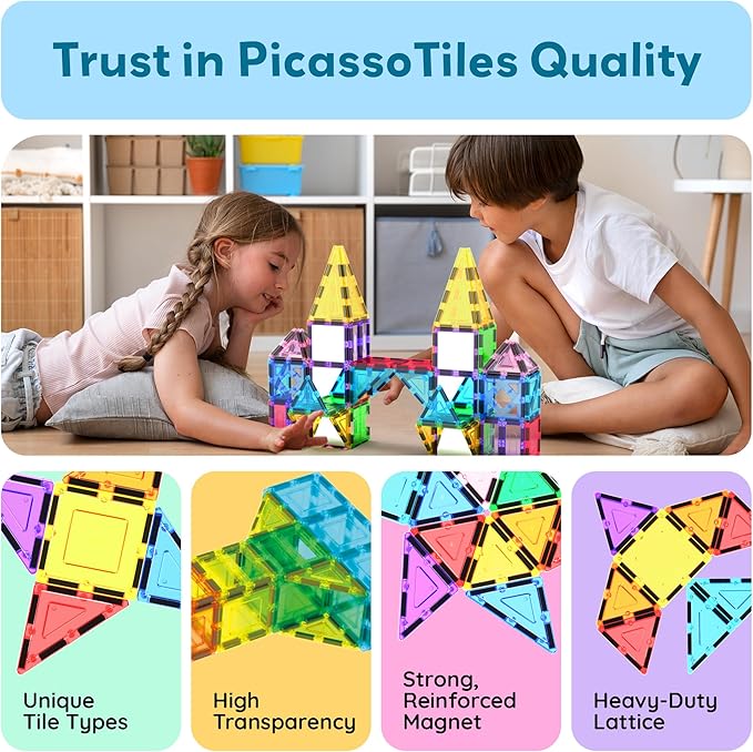 PicassoTiles Magnetic Tiles 152pcs Mirror Theme Magnet Tile Building Blocks STEM Sensory Toys with Car for Kids Toddlers Boys Girls Age 3+ Educational Learning Construction Play Set PT152