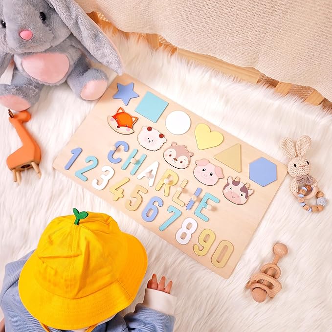 Personalized Baby Name Puzzle | Custom Wooden Baby Toy for Toddlers 1-3 | Montessori Learning Toys for Boys & Girls | Perfect Kids Gift for First Birthdays & Christmas (Plus)