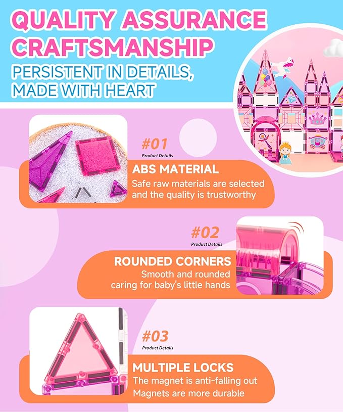 Magnetic Tiles 50 Pcs Princess Theme Set Magnets Building Blocks with Princess Castle Toys DIY Painting Set and 5 character figures for Kids Ages 4-8 toddlers STEM Birthday Gifts for Girls Boy