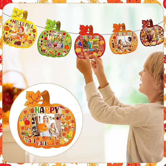 Jetec 48 Sets Fall DIY Picture Frames Craft Kit Autumn Thanksgiving Pumpkin Photo Frames Ornaments for Thanksgiving Decorations Favor Fall Art Gift Home Activities