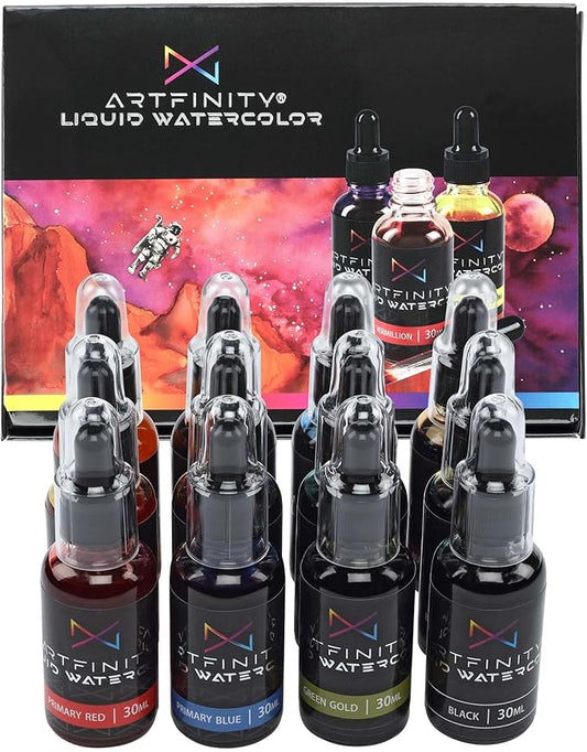 Artfinity Liquid Watercolor Paint 30 ml Bottles, Set of 12 Colors - Vibrant Dye-Based Liquid Watercolor w/Glass Pipette, Fast-Drying, Fine Art Paint for Calligraphy, Airbrushing & Traditional Art