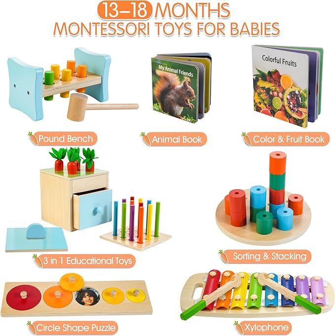 Wooden Montessori Toys for 1+ Year Old, 9 in 1 Learning Educational Toys for Toddler with Educational Box, Xylophone, Pound Bench, Shape Puzzle and More, Baby Toy Gift for 12-18 Months