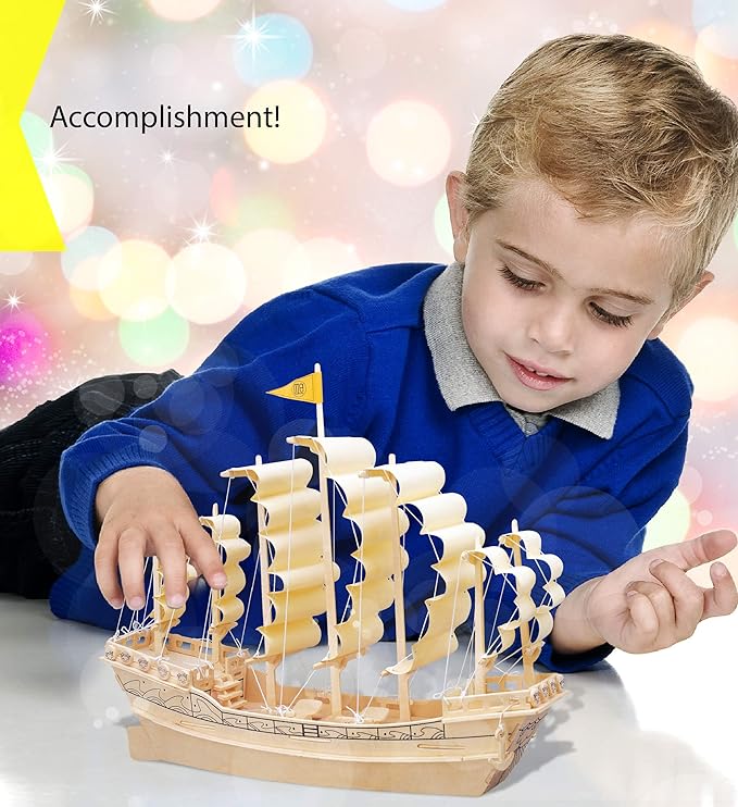 Puzzled 3D Puzzle Ancient Sailboat Wood Craft Construction Model Kit, Unique & Educational DIY Wooden Toy Assemble Model Unfinished Crafting Hobby Boat Puzzle 91 Pieces