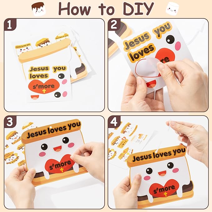 ANGOLIO Marshmallow Religious Ornament Craft Kit - 123Pcs Jesus Loves You S'More DIY Paper Craft Kit Make Your Own Marshmallow Hanging Ornament with Sticker for Kids VBS Sunday School DIY Art Activity