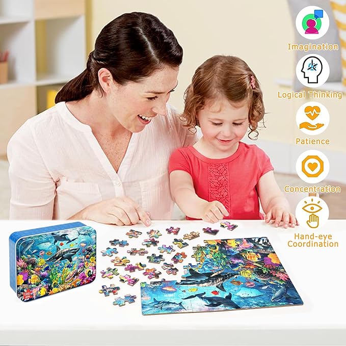 LELEMON Puzzles for Kids Ages 4-6,Underwater World 100 Piece Puzzles for Kids in a Metal Box, Educational Jigsaw Puzzles 100 Piece Puzzle Games Puzzle Toys for Girls and Boys
