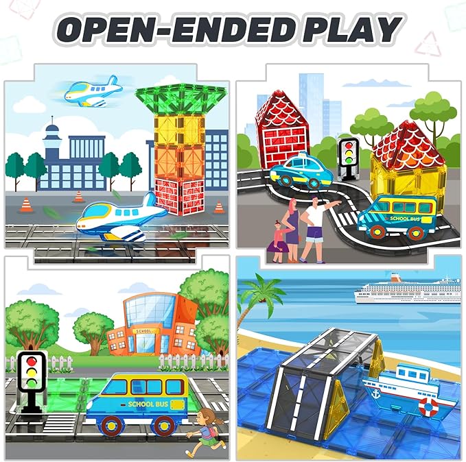 Magnetic Tiles Road Set, Magnetic Building Blocks for Toddlers, STEM Construction Toys for Kids Ages 3+, Gifts Toys for Boys & Girls - 38 PCS