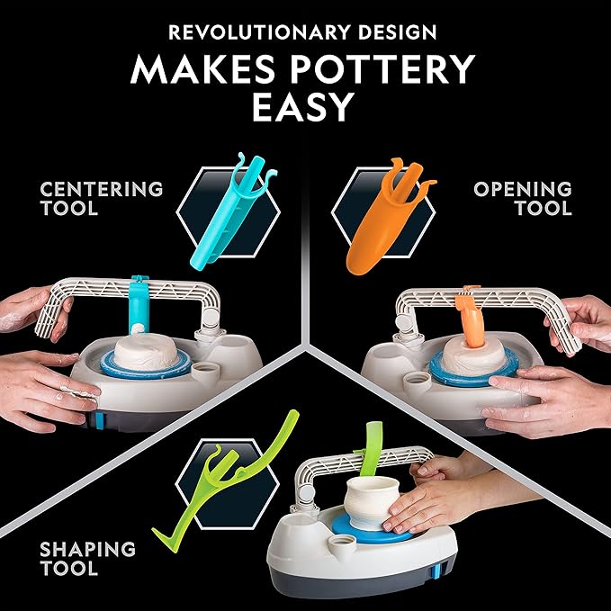 Blue Marble National Geographic Deluxe Pottery Wheel Kit – Complete Starter Pottery Set, Plug-in Motor, 3 lbs. Air Dry Clay, Gemstone Chips, Sculpting Tools, Patented Arm Tool, Paints & More