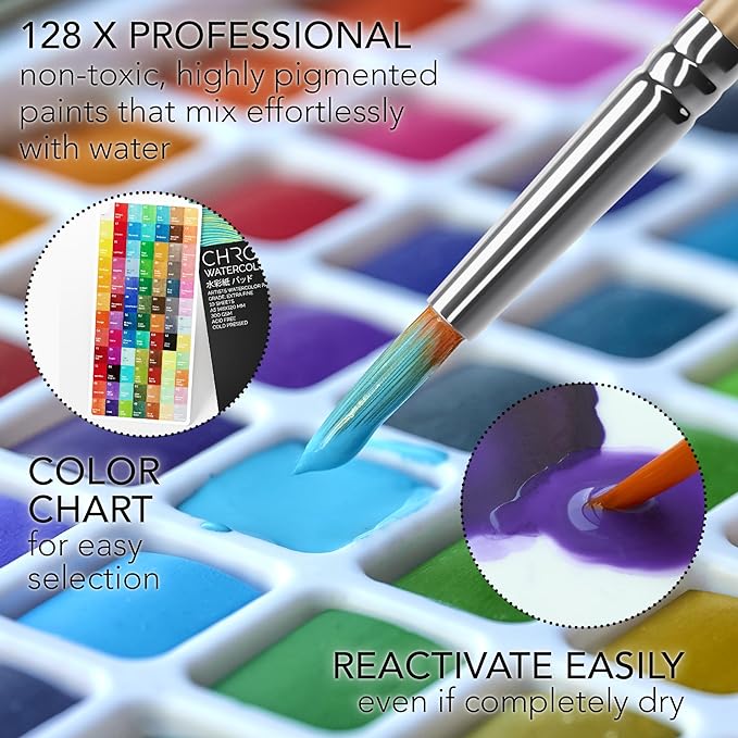 CHROMATEK Watercolor Paint Set β 128 Vibrant Colors for Artists & Beginners with Palette β Includes Metallic, Fluorescent, Pastel & Opaque Shades, Brushes, Pad, Swatch Sheets & Travel Case