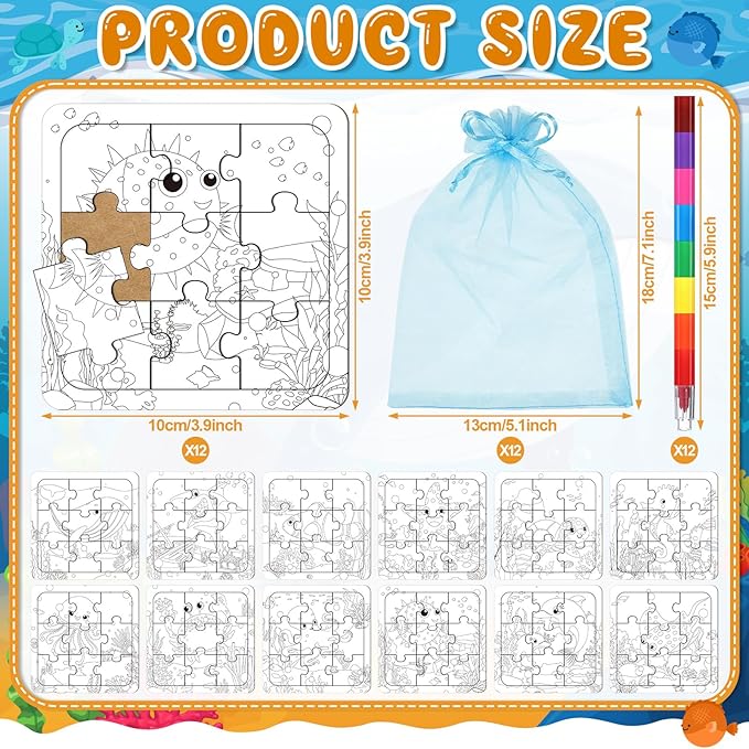 12 Sets Sea Animal Puzzles Summer Color Your Own Puzzles DIY Ocean Jigsaw Crafts with 12 Stackable Crayons and 12 Bags for Ocean Theme Gifts Birthday Party Supplies(12, Sea)