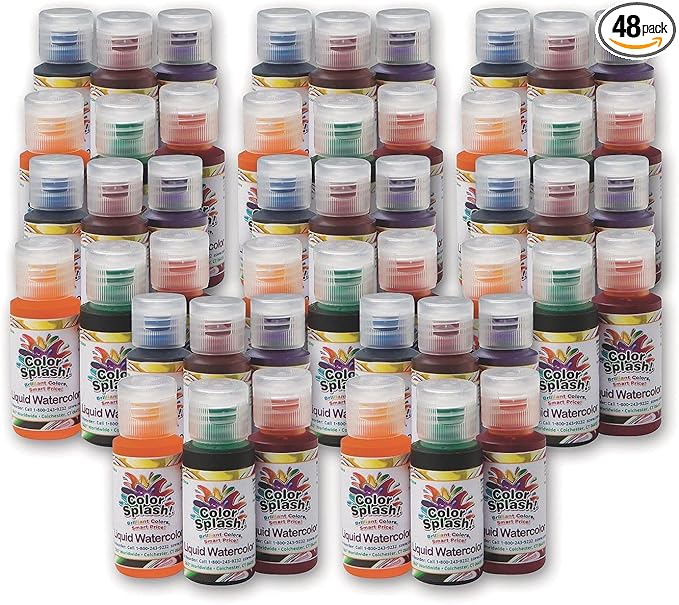 S&S Worldwide Color Splash! Liquid Watercolor Paint, 8 each of 6 Vivid Colors, 1-oz Drip-Dispense Bottles, For All Watercolor Painting, For Groups, Use to Tint Slime, Clay, Glue, Non-Toxic. Pack of 48