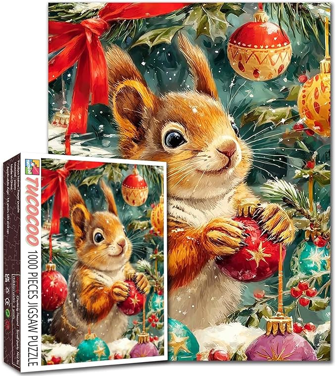 Christmas Eve 1000 Piece Jigsaw Puzzles for Adults Squirrel Playing with Xmas Balls Painting Jigsaw Puzzle 1000 Animal/Wildlife Puzzles 20''x27”inch DIY Craft Puzzle Art Wall Decor Family Challenging