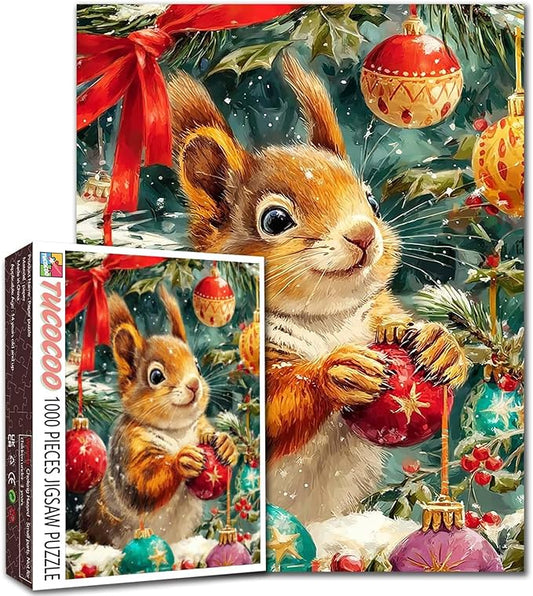 Christmas Eve 1000 Piece Jigsaw Puzzles for Adults Squirrel Playing with Xmas Balls Painting Jigsaw Puzzle 1000 Animal/Wildlife Puzzles 20''x27”inch DIY Craft Puzzle Art Wall Decor Family Challenging