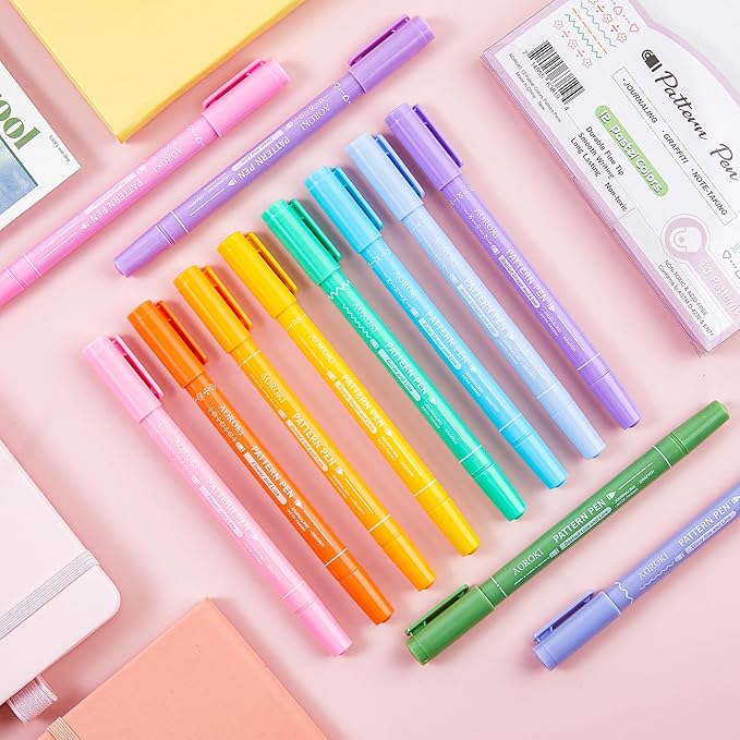 12 Pastel Colored Curve Highlighter Pen Set, 10 Different Shapes Dual Tip Aesthetic and Cute Markers for Kids Adults Journaling Drawing Note Taking Planner Scrapbook Art School Supplies