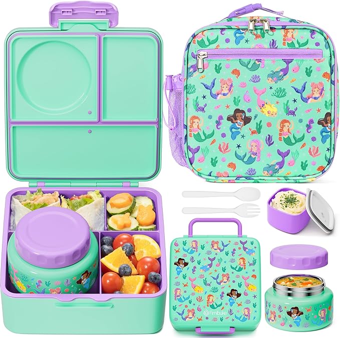 Fimibuke Bento lunch Box Set for Kids Adult with 8oz Thermos Food Jar, Insulated Lunch Bag &Sauce Cup, Leakproof Dishwasher Safe Toddler Lunch Food Container with 3-4 Compartment for School Girls Boys