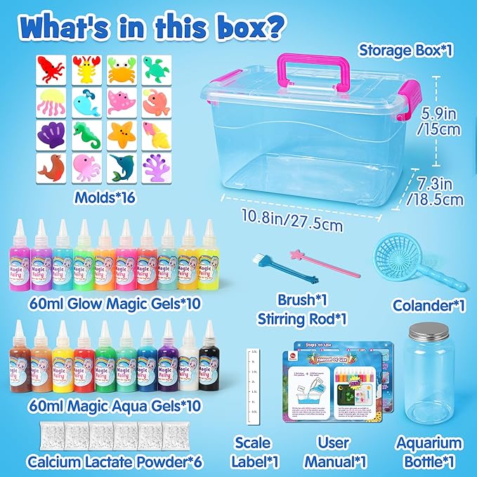 Mocoosy 20 Color Glow in The Dark Magic Water Elf Toy Kit for Kids, Aqua Fairy Water Gel Kit with Aqua Gel & Squishy Maker Molds, Create Your Own Squishy Toys & Water Pets, DIY Crafts Birthday Gifts