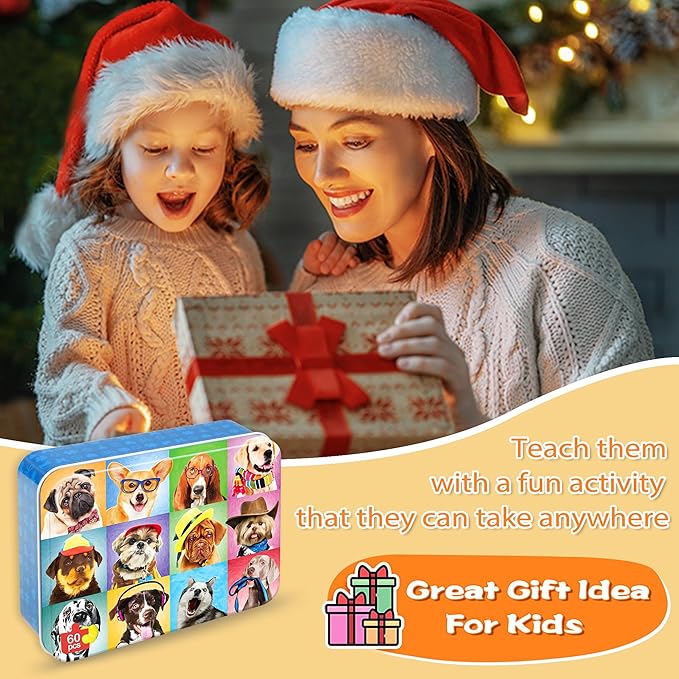 LELEMON Puzzles for Kids Ages 4-6,Dog 60 Piece Puzzles for Kids Ages 4-8,Children Jigsaw Puzzles Kids Puzzles in a Metal Box,Educational Learning Puzzle Toys for Girls and Boys