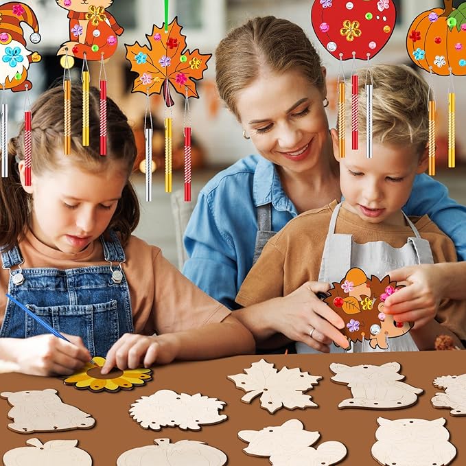 JellyArch 30 Pack Fall Wind Chime Making Kit for Kids Adult DIY Wooden Pumpkin Leaf Animal Crafts for Thanksgiving Halloween Classroom Activity Birthday Party Decoration Gift