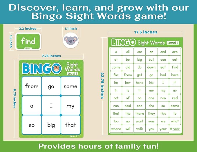 Sight Words Bingo Game for Kindergarten, Learn to Read Sight Word Cards, Word Games for Kids Ages 4-8, Bingo Sight Words Level 1&2