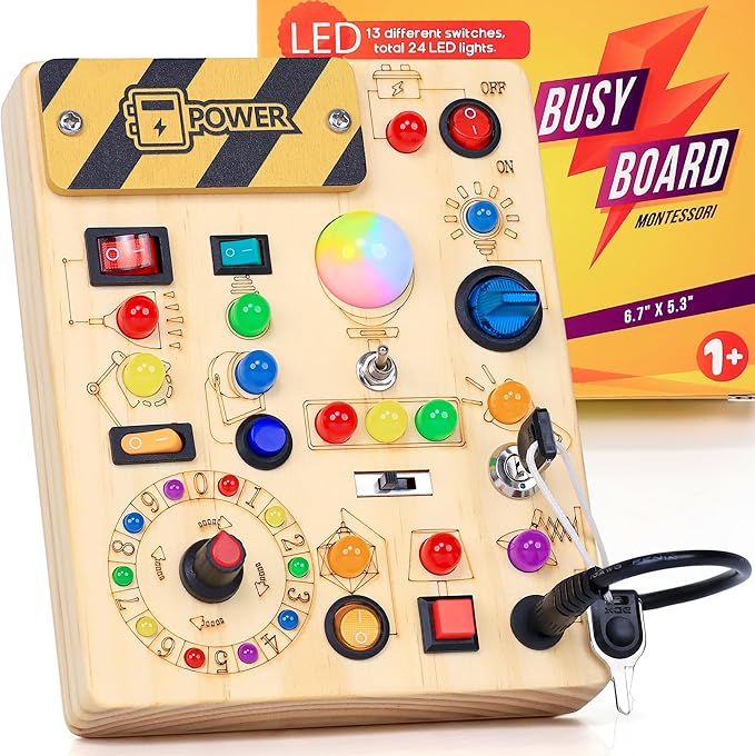 RichBoy Busy Board for 1-3 Year Old, 37 in 1 LED Light Up Wooden Sensory Montessori Switch Board Toy for Toddlers Travel Gift (6.7" x 5.3")